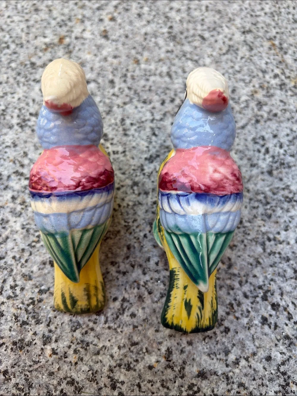 Pair of Ceramic Parakeet Bird salt and pepper shakers in Yellow & Multicolor